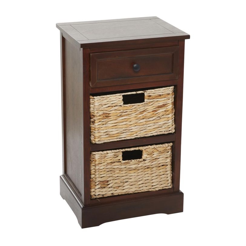 UMA Brown Wood 2 Baskets and 1 Drawer Room Storage Unit with 2 Wicker Basket Drawers, 16" x 13" x 28"