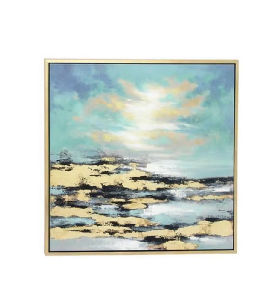 Blue Canvas Geode Landscape Living Room Framed Wall Art with Gold Frame, 39" x 1" x 39"