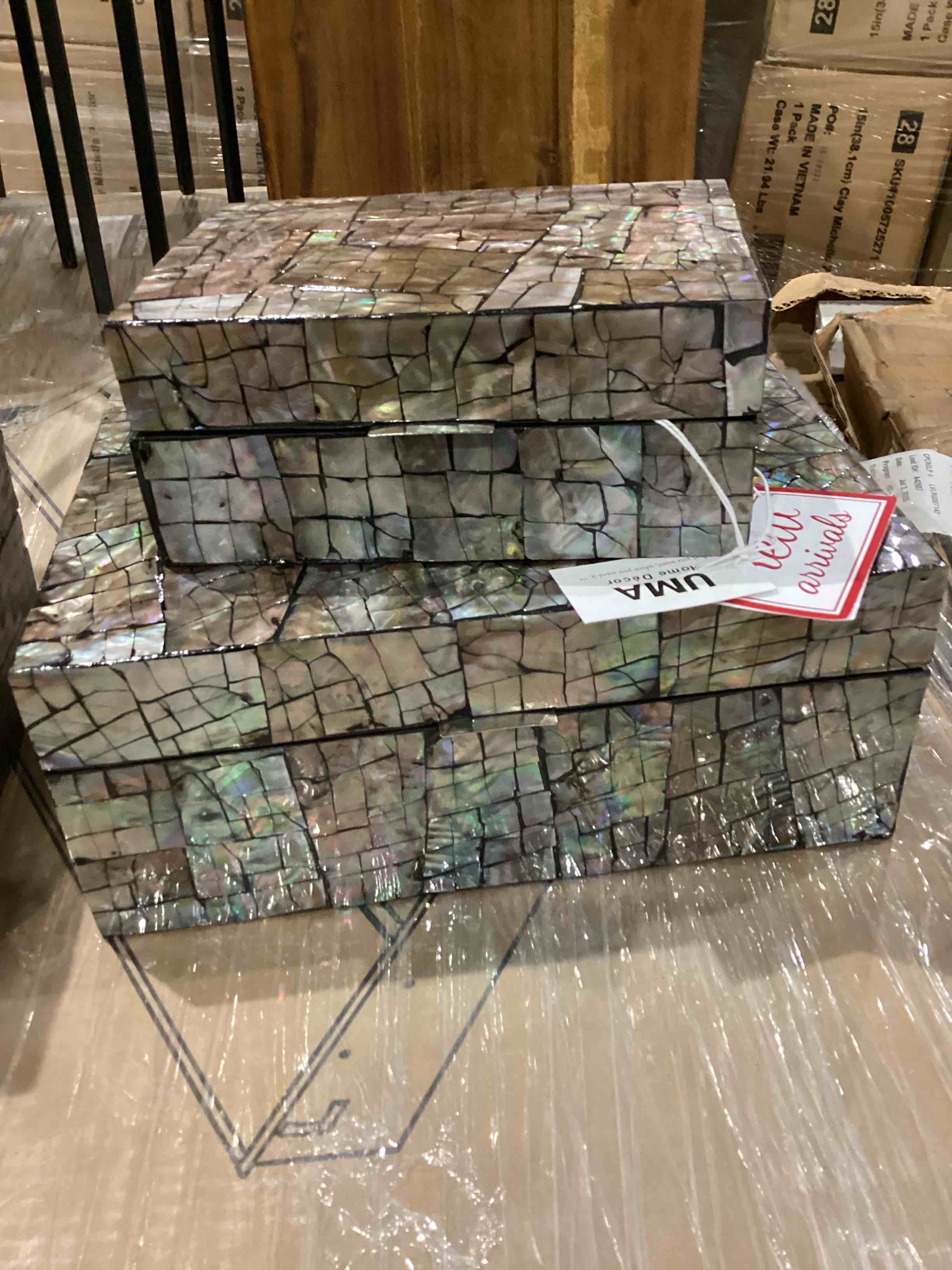 Multi Colored Mother of Pearl Shell Abstract Handmade Mosaic Storage Decorative Box, Set of 2 12", 8"W