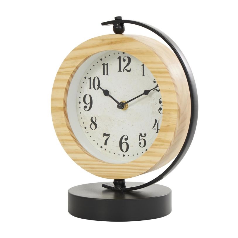UMA Light Brown Wood Decorative Clock with Curved Black Metal Stand and Base, 8" x 6" x 11"