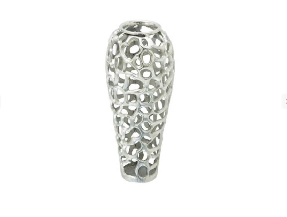 Silver Aluminum Metal Coral Cutout Decorative Vase, 8" x 8" x 19"