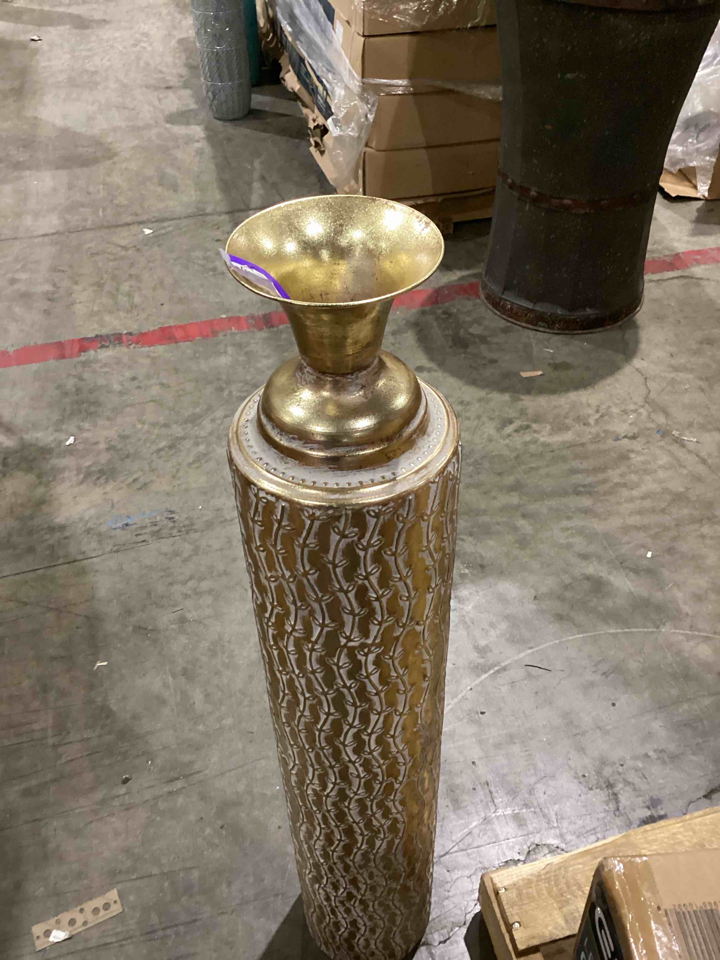Gold Metal Tall Distressed Metallic Decorative Vase with Etched Grid Patterns