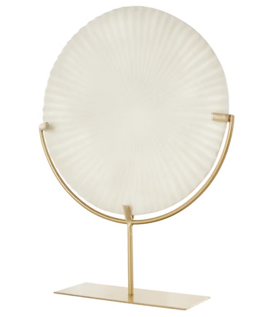Deco Marche - Cream Polystone Geometric Textured Circle Disk Decorative Sculpture with Gold Stand, 15" x 4" x 19"