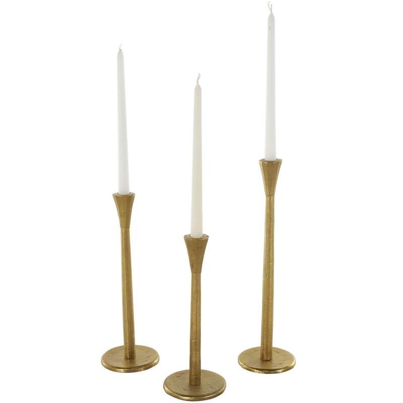 Gold Aluminum Metal Tapered Slim Decorative Candle Holder with Round Base, Set of 3 14", 12", 10" 
