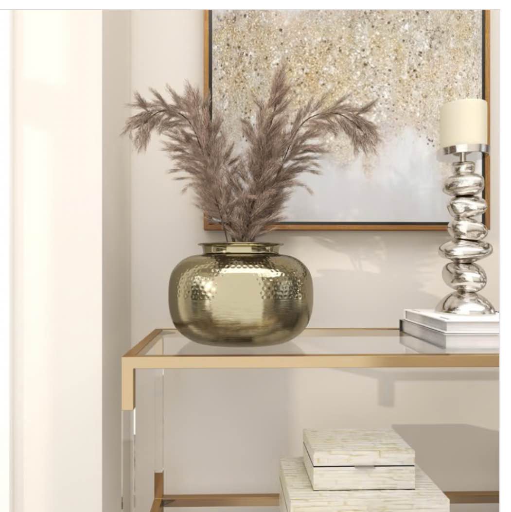Gold Aluminum Metal Brushed Decorative Vase with Hammered Top, 12" x 12" x 8"