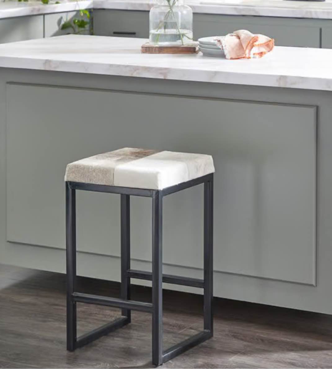 Beige Leather Cowhide Kitchen Counter Stool with Black Base, 14" x 14" x 24"