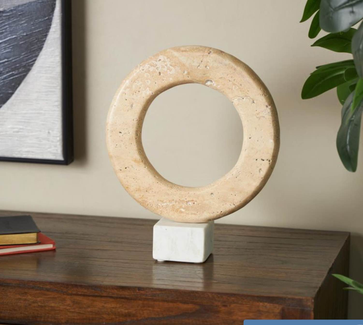 UMA Cream Marble Abstract Ring Decorative Sculpture with White Base, 10" x 3" x 12" | 15053