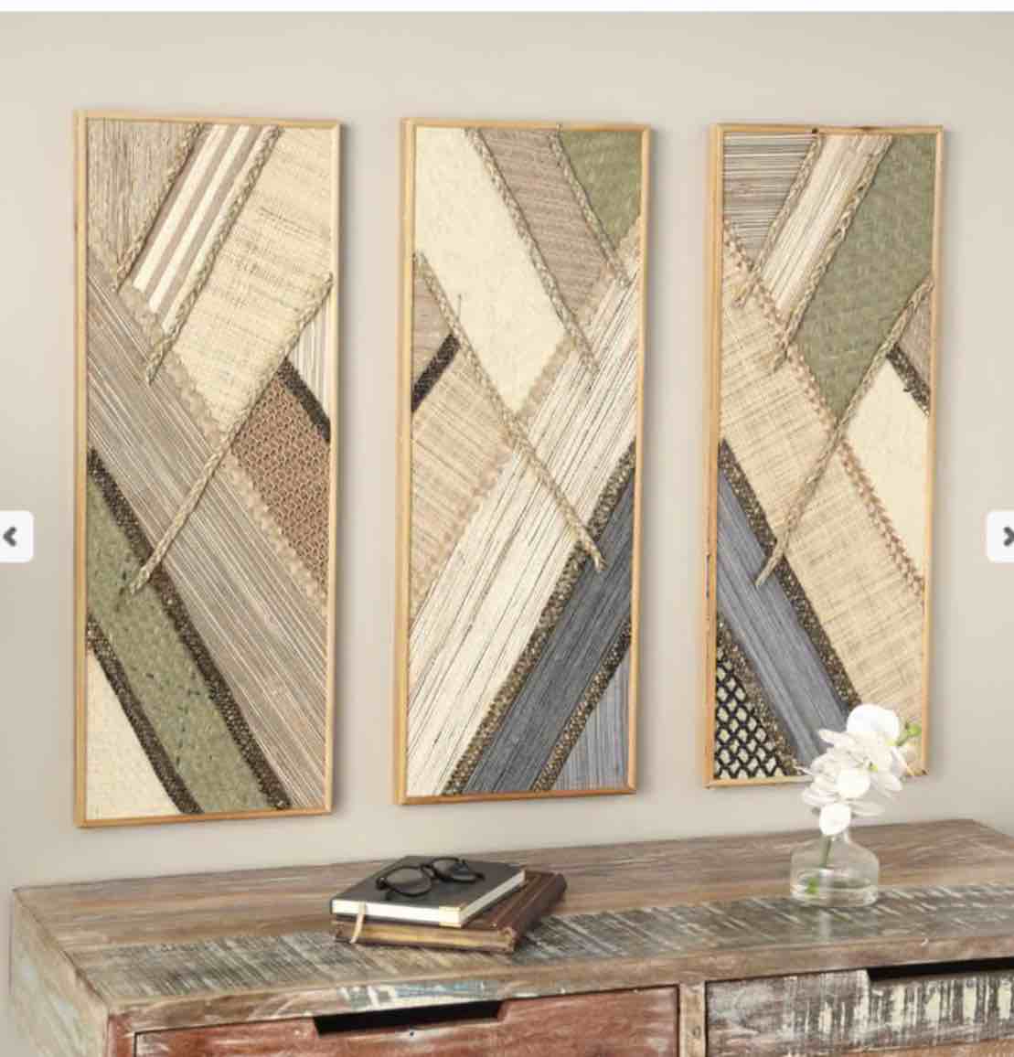 Brown Wooden Geometric Handmade Textured Mixed Media Diagonal Home Wall Decor, Set of 3 12"W, 32"H