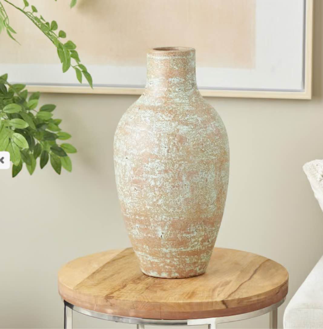 Brown Ceramic Antique Style Textured Patina Decorative Vase, 10" x 10" x 20"