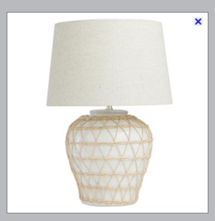 UMA White Ceramic Geometric Woven Rattan Room Table Lamp with Linen Shade, 16" x 16" x 23" | 13592 CLOSEOUT