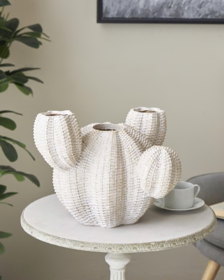 Cream Resin Cactus Wide Textured Indoor Outdoor Planter, 22" x 17" x 12"
