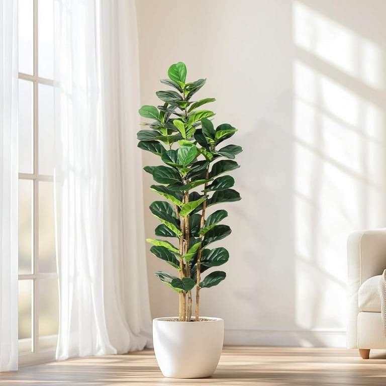 Faux Fiddle Leaf Fig Tree with White Pot, Faux Trees with Artificial Plants 74 Fiddle Leaves Greenery - Lifelike Fake Tree for Home Office Store Room Decor Indoor Outdoor