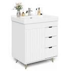 32" Bathroom Vanity Cabinet, Modern Single Bathroom Vanity With Ceramic Sink Top And Mirror,  Freestanding Bathroom Vanity, White, Natural