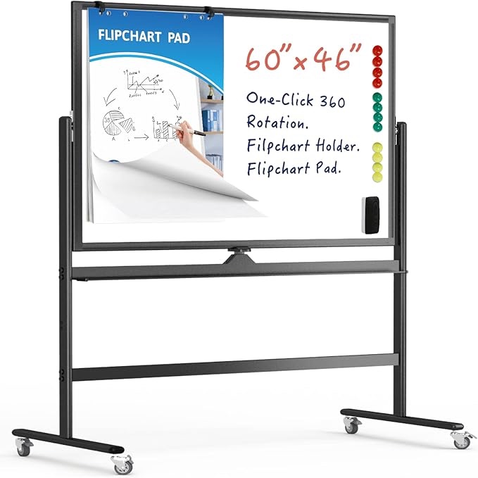 Mobile Whiteboard,Rolling Dry Erase Board 60x48Height Adjust Double Sides White Board on Wheels, Dry Erase Board Easel with Stand for Office, Home & Classroom