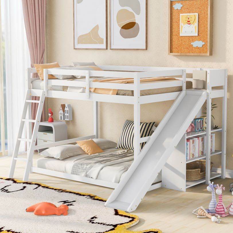 ( incomplete box 1 of 2) WF301737AAK Full Over Full Bunk Bed w/ Ladder, Slide & Shelves, White