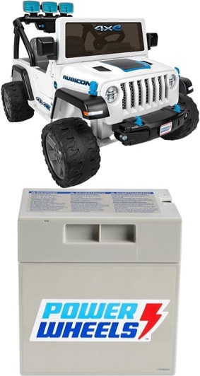 Bundle of Power Wheels Jeep Wrangler 4Xe Ride-On Toy with Sounds and Working Light Bar, Multi-Terrain Traction, Seats 2, Ages 3+ Years + Replacement Battery 12-Volt 12-Ah Rechargeable