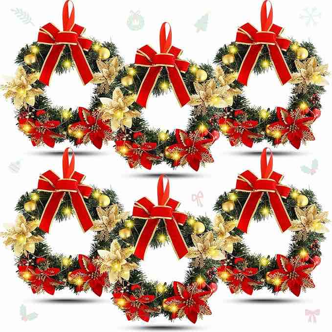 Lyrow 6 Pcs Lighted Christmas Wreath with Red Bow Ornament 13 Inch Prelit Xmas Wreath Battery Operated Mini Christmas Wreaths for Front Door Outdoor Holiday Wall Indoor Xmas Decorations Party Decor