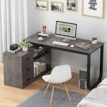 Reversible L-Shape Office Desk with Cabinet & Power Outlets color grey 