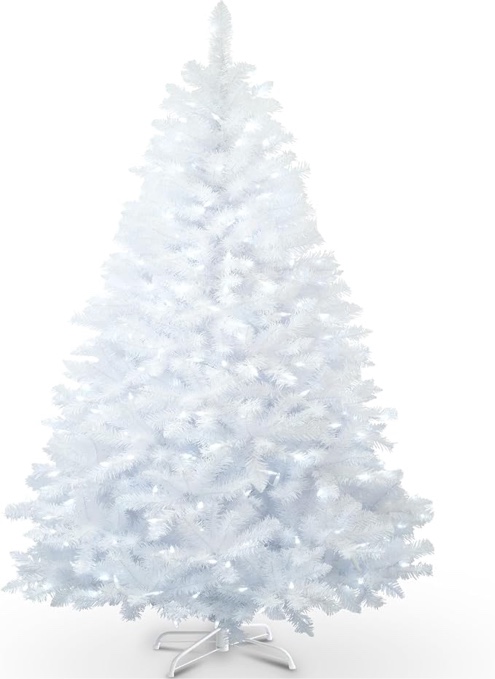 YULETIME 6.5ft Pre-Lit White Christmas Tree, Artificial Holiday Decorative Tree with UL Listed 300 Cool White LED Christmas Lights with White Wire (White)