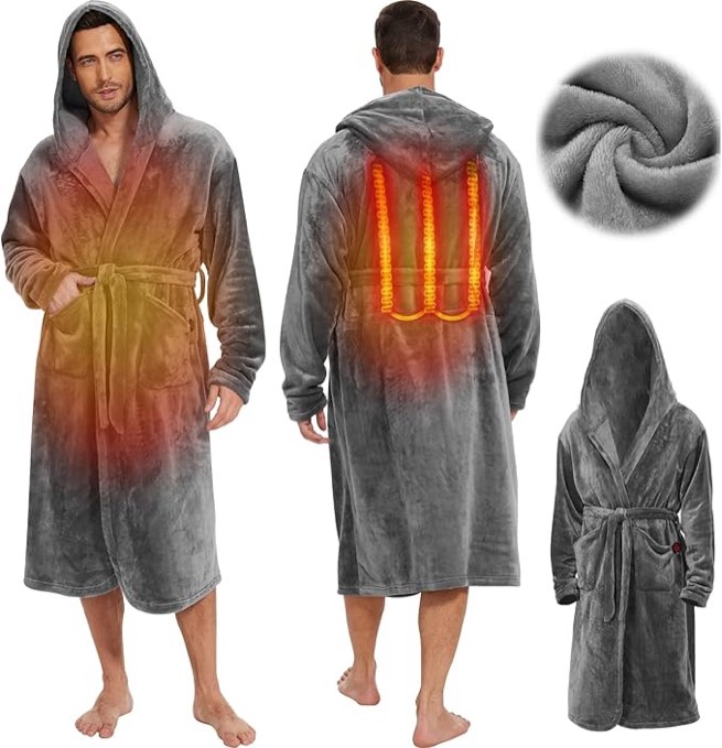 Heated Mens Robe Plush with Hood - Uninsex Warm Bathrobes with 3 Heating Modes Long Fleece Bathrobe for Winter