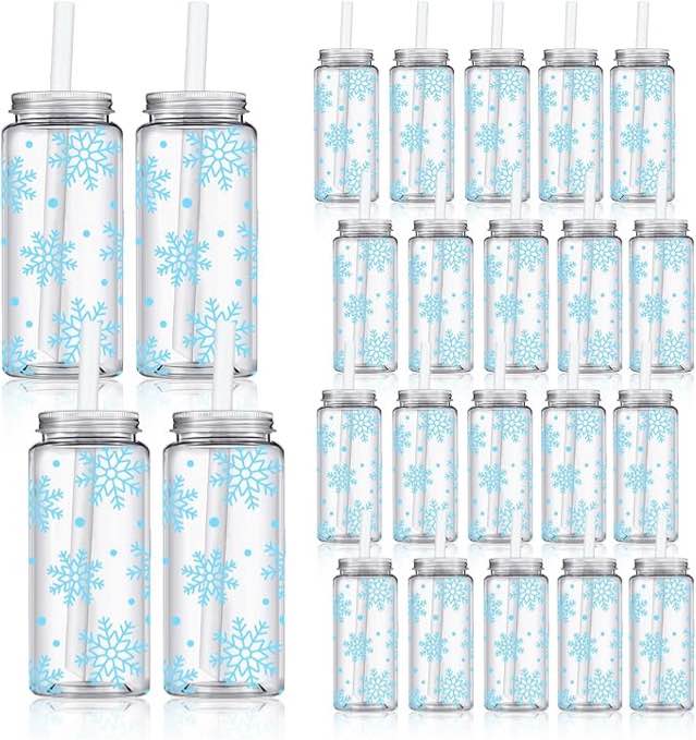 ( similar picture) 20Pcs Winter Blue Snowflake Plastic Cups with Lids and Straws Clear Reusable Christmas Party Drinking Cups for Xmas Party Supplies