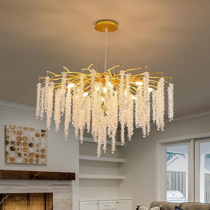 Tree Branches Chandeliers Gold Luxury Round Raindrop Crystal Pendant Light 8 Lights Ceiling Hanging Light for Dining Room Bedroom Living Room Entryway 