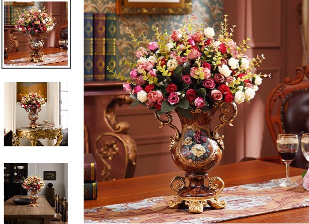 European Artificial Vintage Flower Arrangement Vase Set Golden Resin Vase Fake Flower