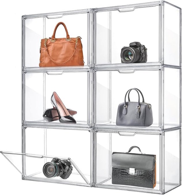 Geetery 8 Pack Large Acrylic Display Case with Magnetic Door Clear Purse Handbag Storage Box Plastic Storage Organizer for Closet Stackable Shoe Box Dustproof Showcase for Wallet Book Toy Clutch