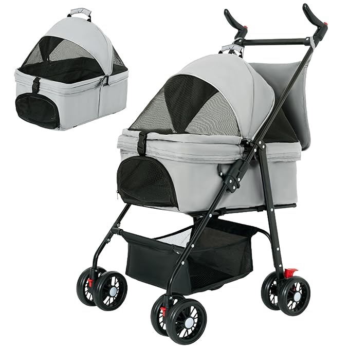 Tokenkuko Pet Stroller,3-in-1 Folding Dog Stroller,Multifunction Dog Cat Jogger Stroller,4 Wheel Foldable Pet Stroller with Detachable Carrier Storage Basket&Storage Bag for Medium Small Dogs Cats