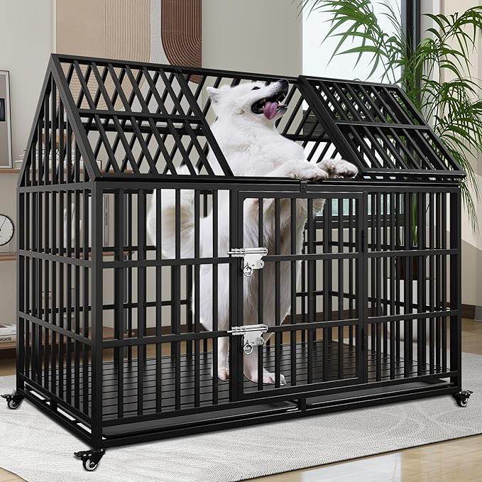 Heavy Duty Dog Crate 54 Large Pet Dog Cage Crate Kennel with Roof Top 2 Doors Removable Trays, Lockable Wheels Escape-Proof for High Anxiety Dogs (Black