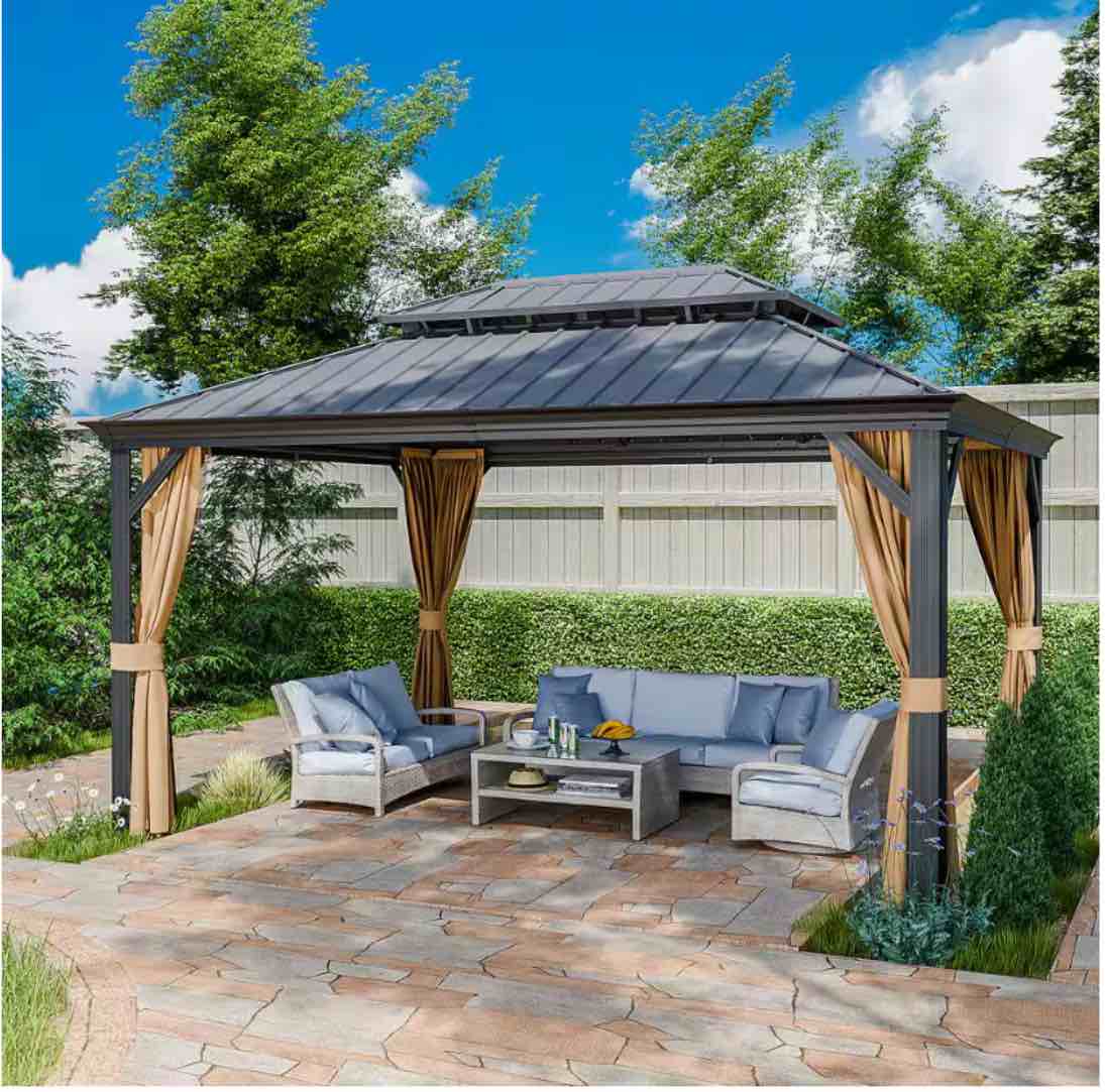 10 ft. x 14 ft. Metal Gazebo With Dual Roof, Mosquito Netting and Curtains