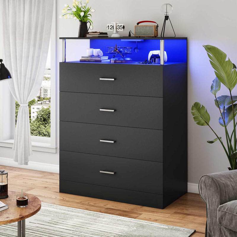 4 Drawers Led Tall Dresser With Charging Station For Bedroom Closet Black