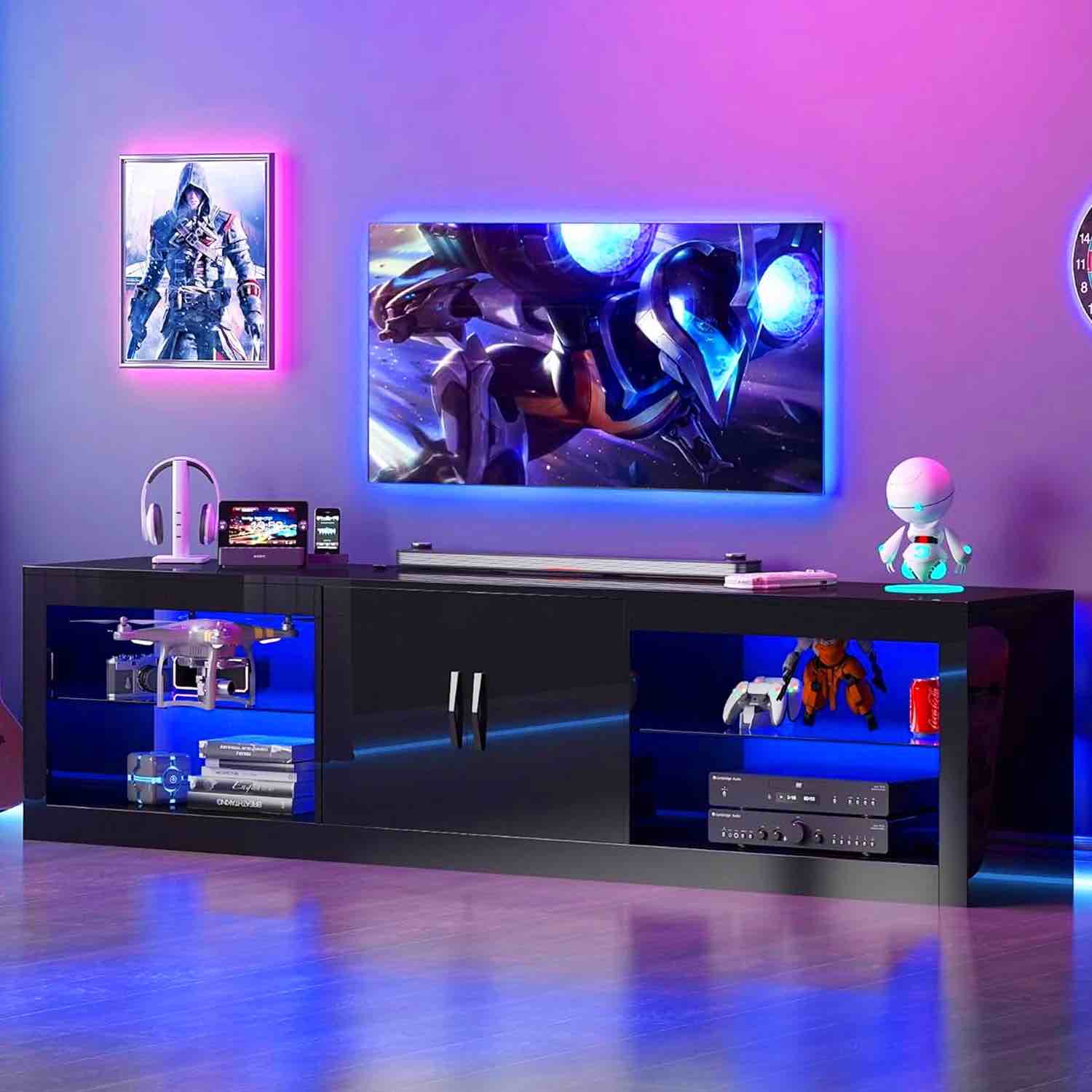 ChVans Large LED TV Stand for 75/85" TV with Power Outlets, Living Room Entertainment Center with Storage Drawers&Cabinets Furniture, Black High Gloss TV Cabinet Console Table-70.9"