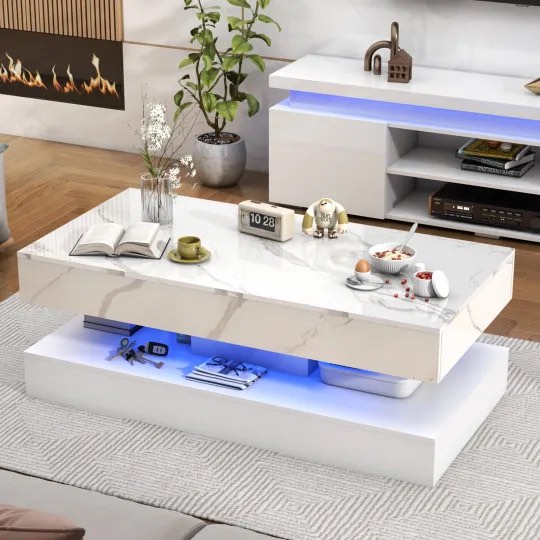 ChVans WHITE LED Coffee Table with 2 Storage Drawers, Modern High Gloss Coffee Table w/20 Colors LED Lights/APP Control, 2 Tiers Rectangle Large Living Room Furniture w/Marbling Print
