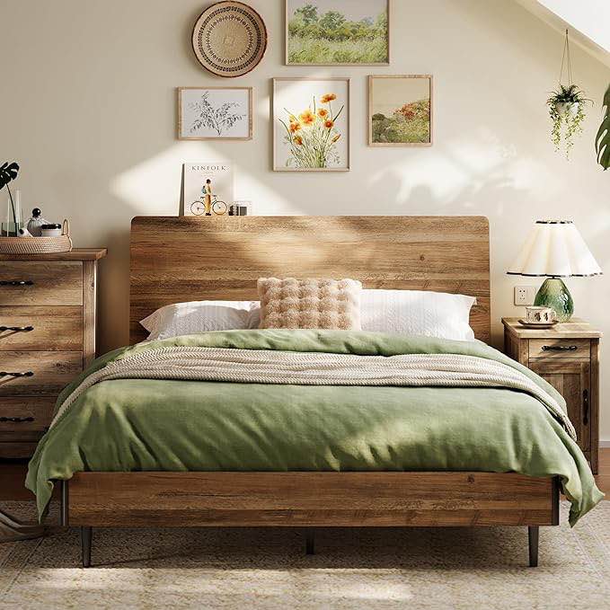  Bed Frame Wood with Ergonomic Headboard, Farmhouse Bed Frame Queen Size with Storage Shelf, Fast 45-Min Assembly Platform Bed, Noise-Free, No Box Spring Needed - Brown