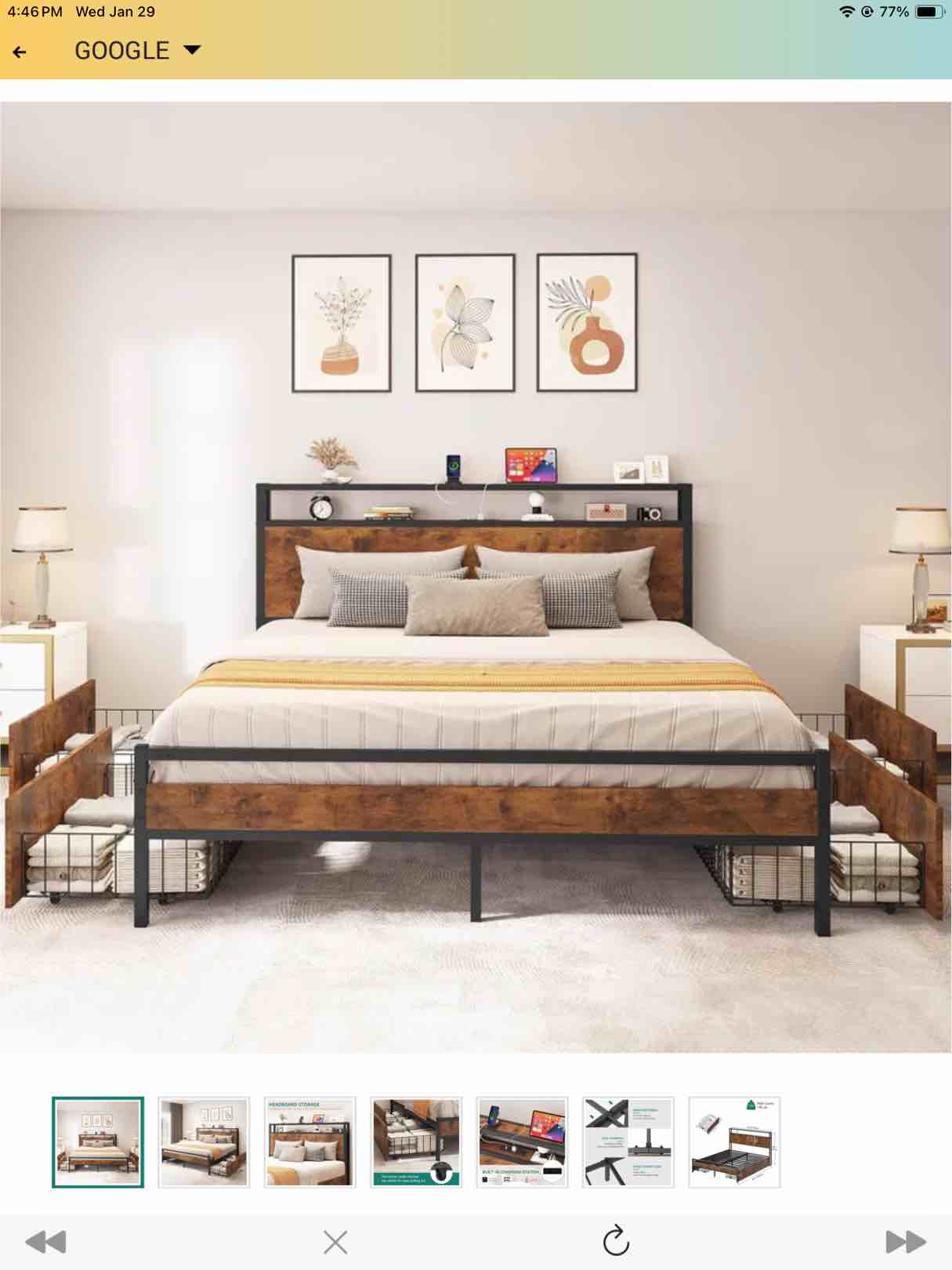 YITAHOME Bed Frame with 4 Storage Drawers, Metal Platform Bed with Wooden Headboard and Charging Station, No Box Spring Needed, Fast Assembly - Brown