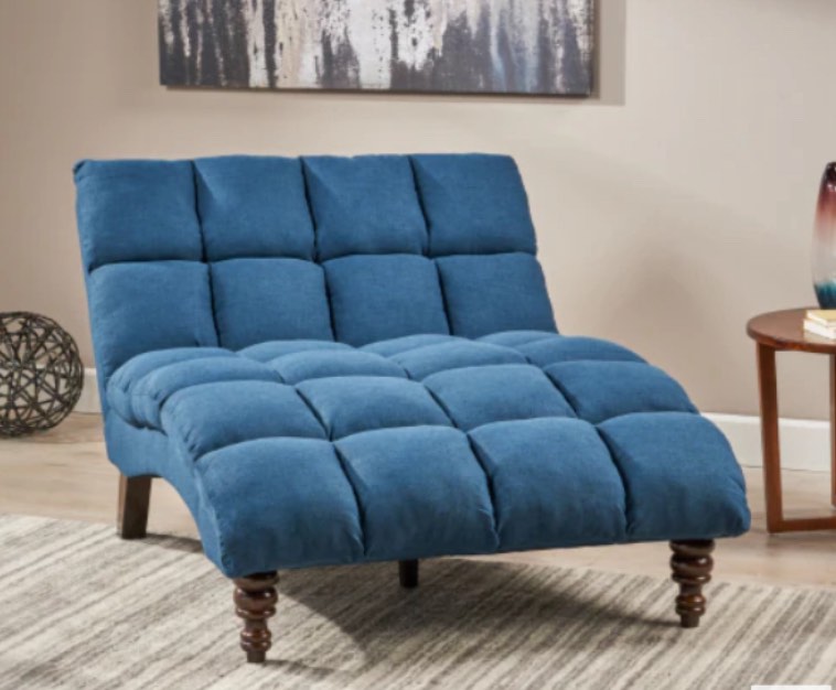 Tom Traditional Tufted Fabric Double Chaise Navy Blue