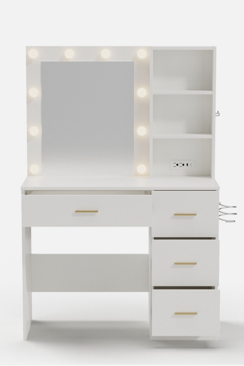 Furgle Vanity Table Makeup Vanity Desk 3 Mode Lights Mirror Power Outlet Shelf