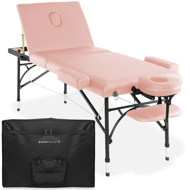 Saloniture Professional Portable Lightweight Tri-Fold Massage Table with Aluminum Legs - Includes Headrest, Face Cradle, Armrests and Carrying Case, Pink