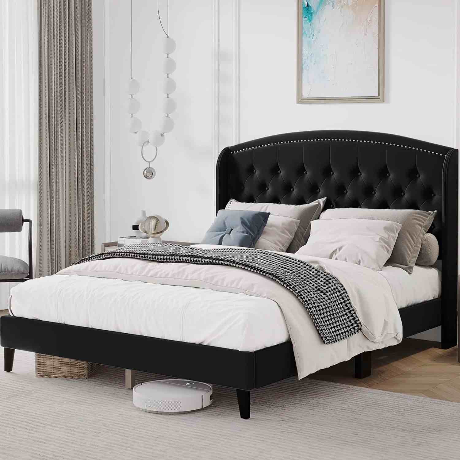 GARVEE Bed Frame, Soft Velvet and Upholstered Platform Bed Frame with Wingback Headboard, Button Rivet Tufted Design, Wood Slat Support, No Box Spring Needed, Easy Assembly