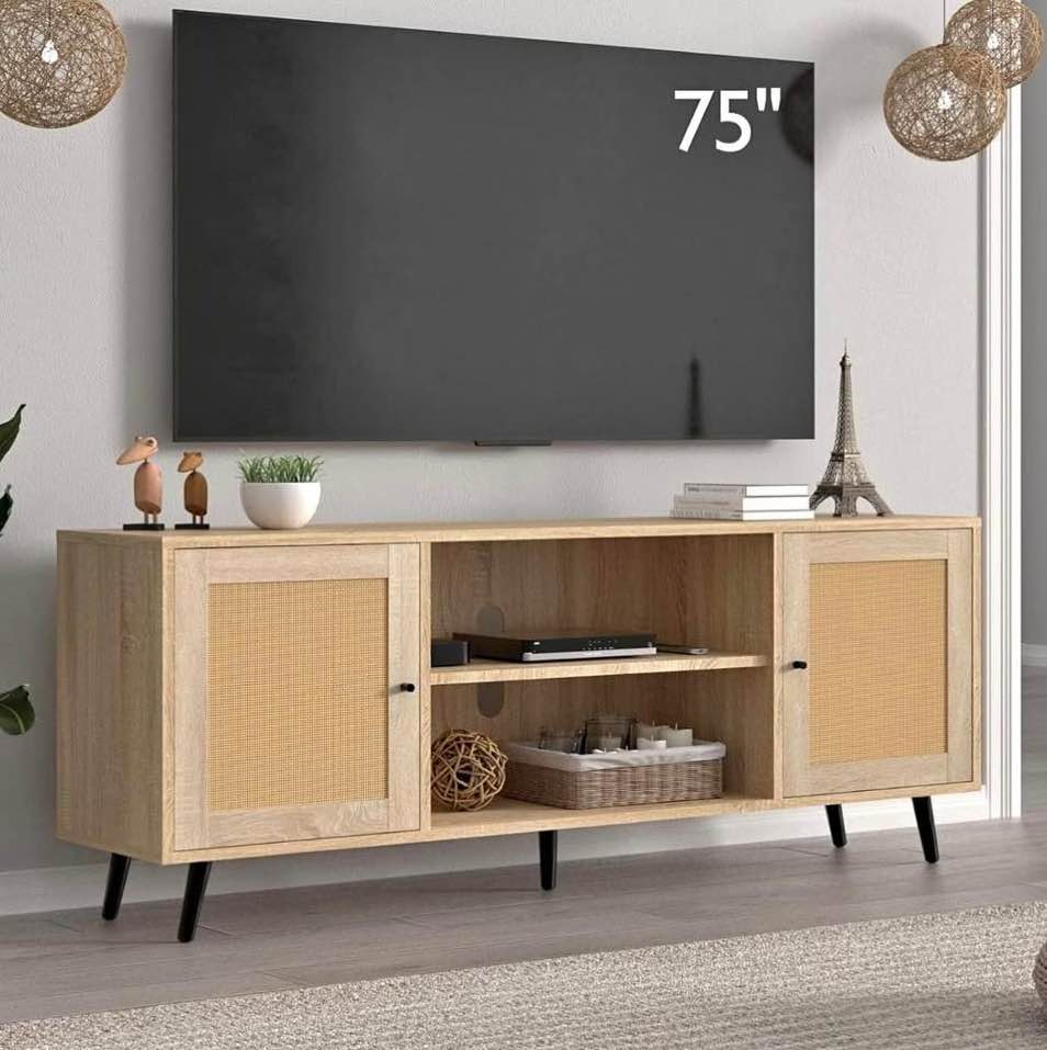 68IN Rattan TV Stand for 75/65 Inch TV, White TV Stand,Mid Century Entertainment Center with Natural