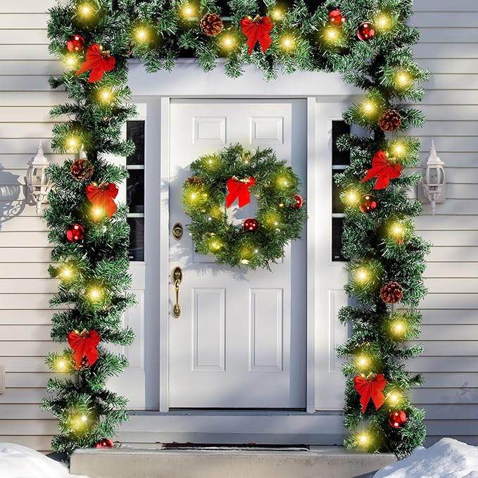15ft Outdoor Christmas Garland with 100 Warm LED Pre-lit Artificial Christmas Garlands Decor Green Frosted Christmas Balls Red Bows Pine Cones Garland Christmas Collection for Home Garden