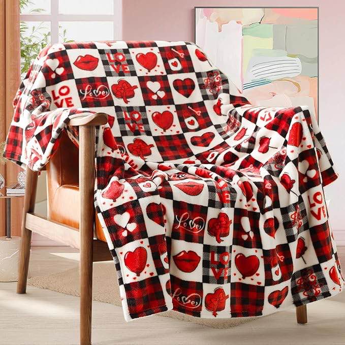 ROMROL Fleece Throw Gift Blanket, Red Pattern Blanket for Couch Sofa or Bed, Decorative Plaid Blanket, Luxury Flannel Lap Blanket, Super Cozy Comfy for All Seasons, for Mom, Wife