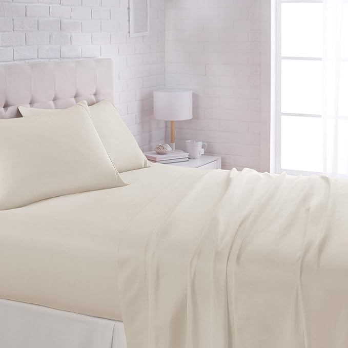 Amazon Basics Lightweight Super Soft Easy Care Microfiber 4-Piece Bed Sheet Set with 14-Inch Deep Pockets,  Beige, Solid