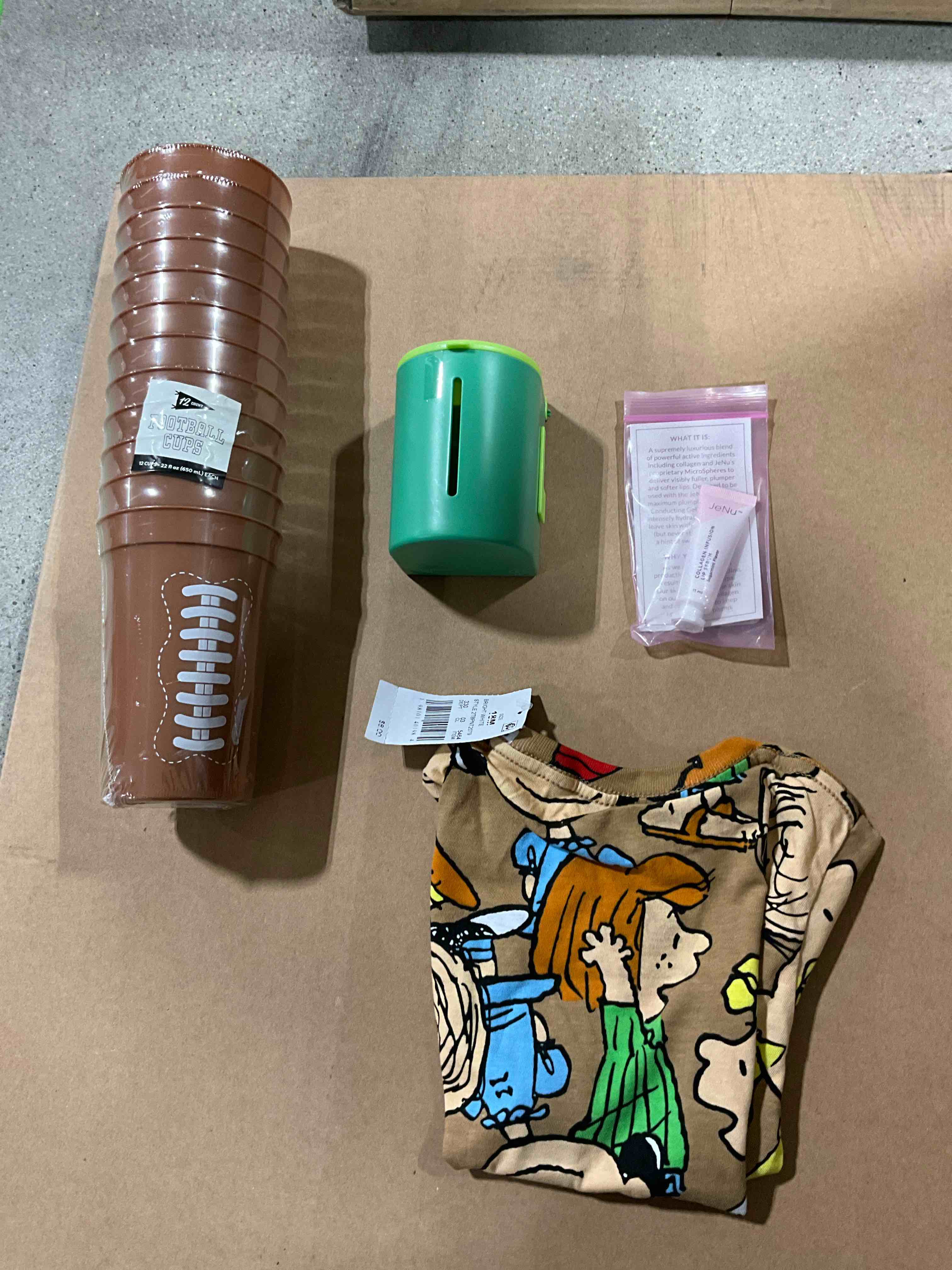 Assorted items football cups, mail box toy, collagen infusion, baby t-shirt 18 m