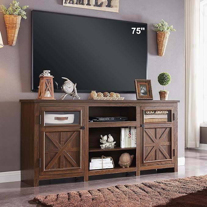 Farmhouse TV Stand for 75 Inch TV, Entertainment Center with Storage, Rustic TV Cabinet with Barn Doors, 66" TV Console for Living Room, Adjustable Shelf - Brown