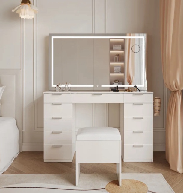 Modern Glass Top Makeup Vanity Desk Set with LED Light Mirror and Drawers