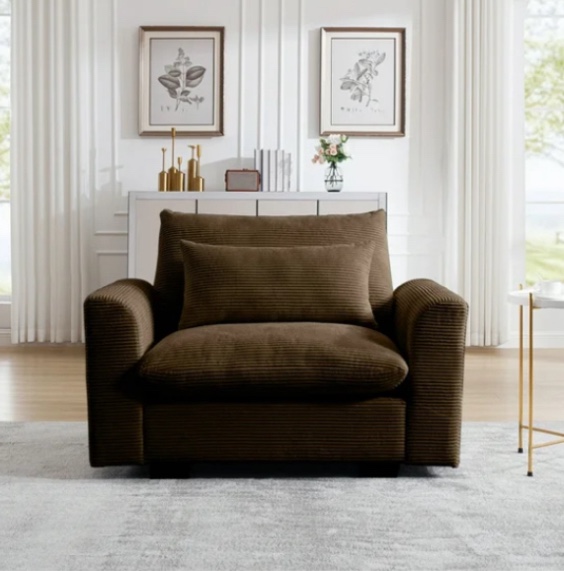 51" Corduroy Deep Seat Single Sofa, Accent Chair,Deep Seat Couch with Waist Pillow for Living Room/Apartment/Office, Brown