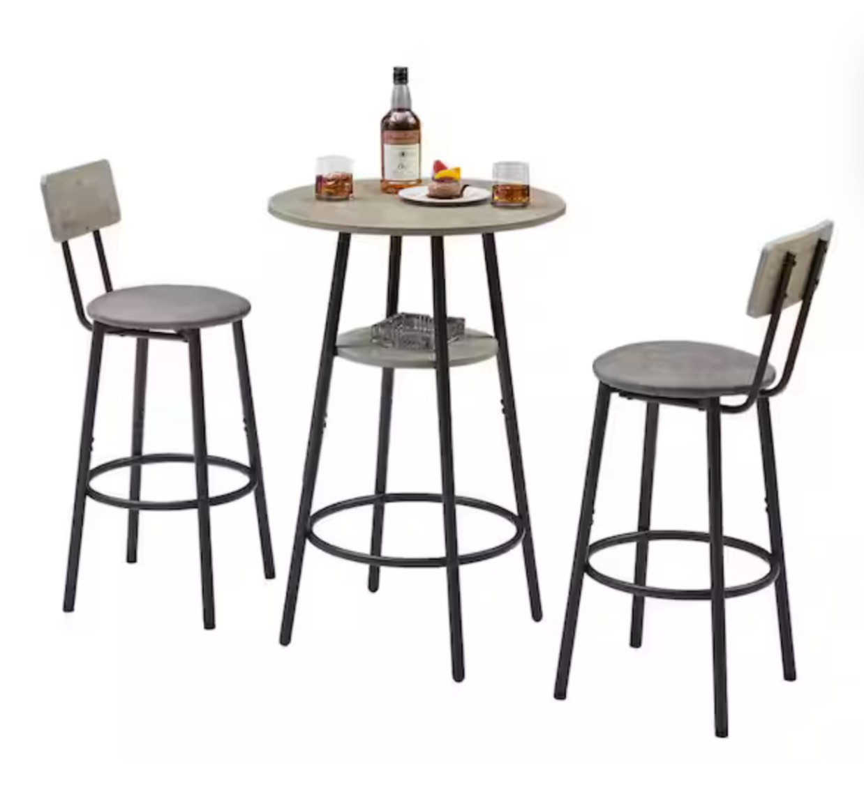 3-Piece Metal Outdoor Bistro Set with Gray Cushions, Round Bar Stool Set with Shelf, Upholstered stool, Gray