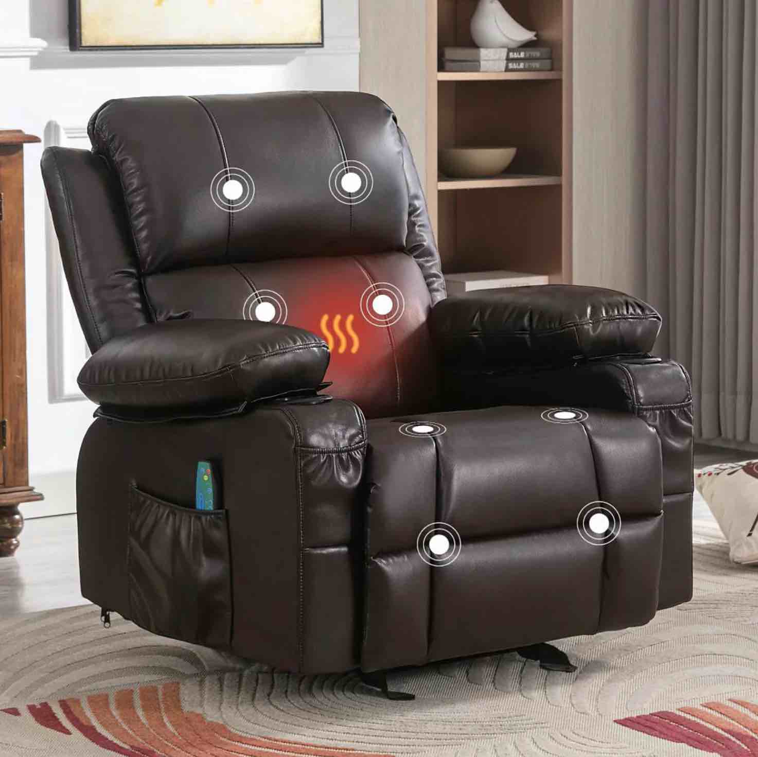 Oversized Recliner Chair with Massage, Heat & USB - BROWN